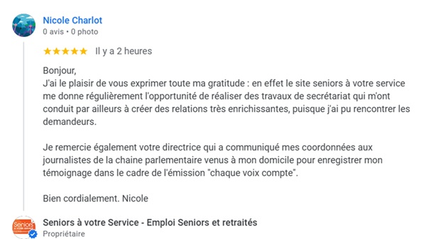 Avis positif de Nicole sur Seniors à votre Service